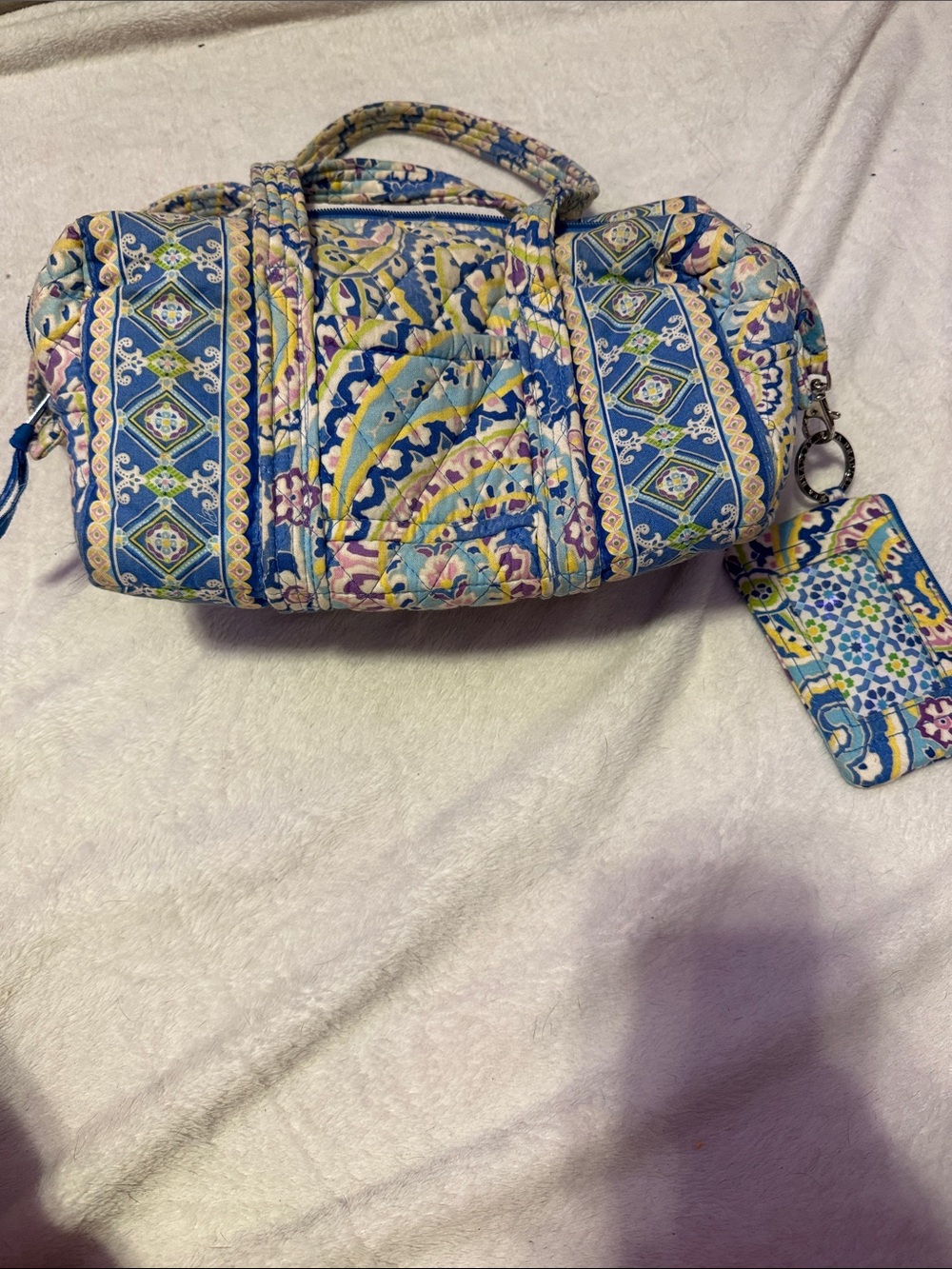 Vera Bradley Quilted Blue Multi-Print Travel Duffle Bag with ID Tag